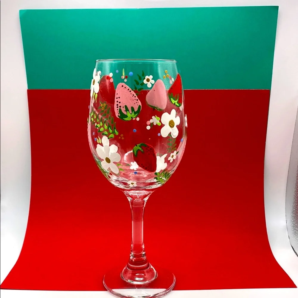 Hand-Painted Strawberry Floral Leaves And Polka Dots Wine Glass